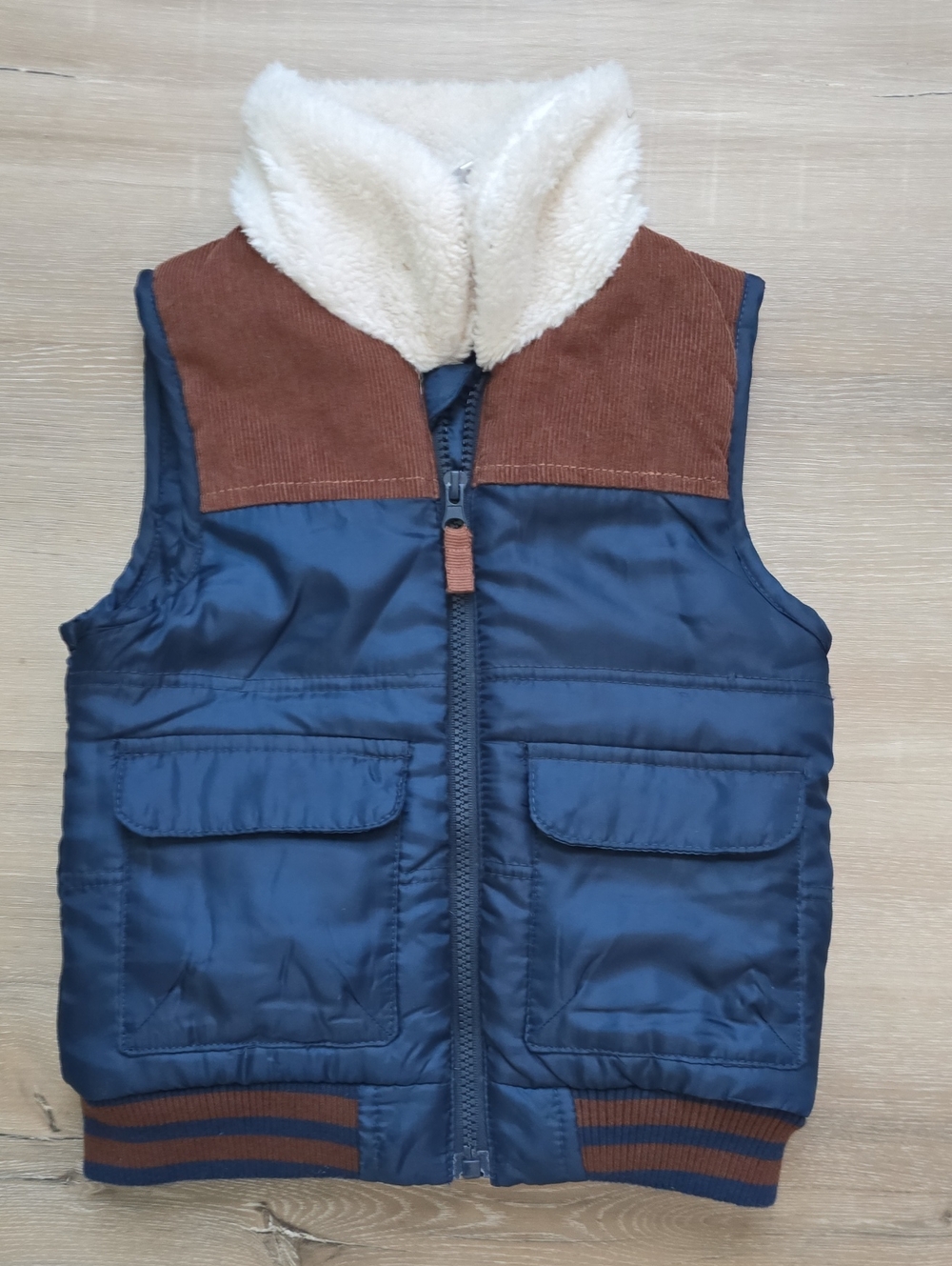 Children's Navy & Brown Puffer Vest with Cream Sherpa Collar